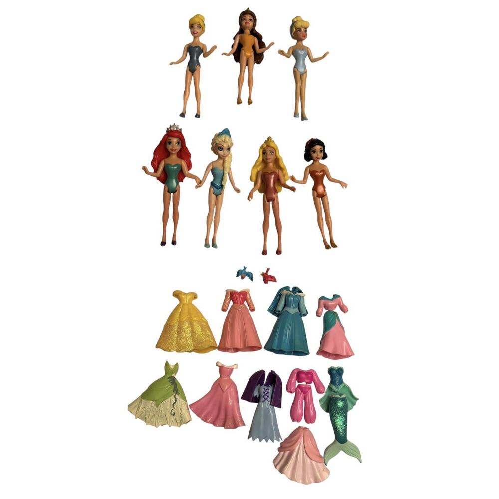 Vintage (7) Polly Pocket x Disney Princess Dolls, (10) Outfits & (2) Birds